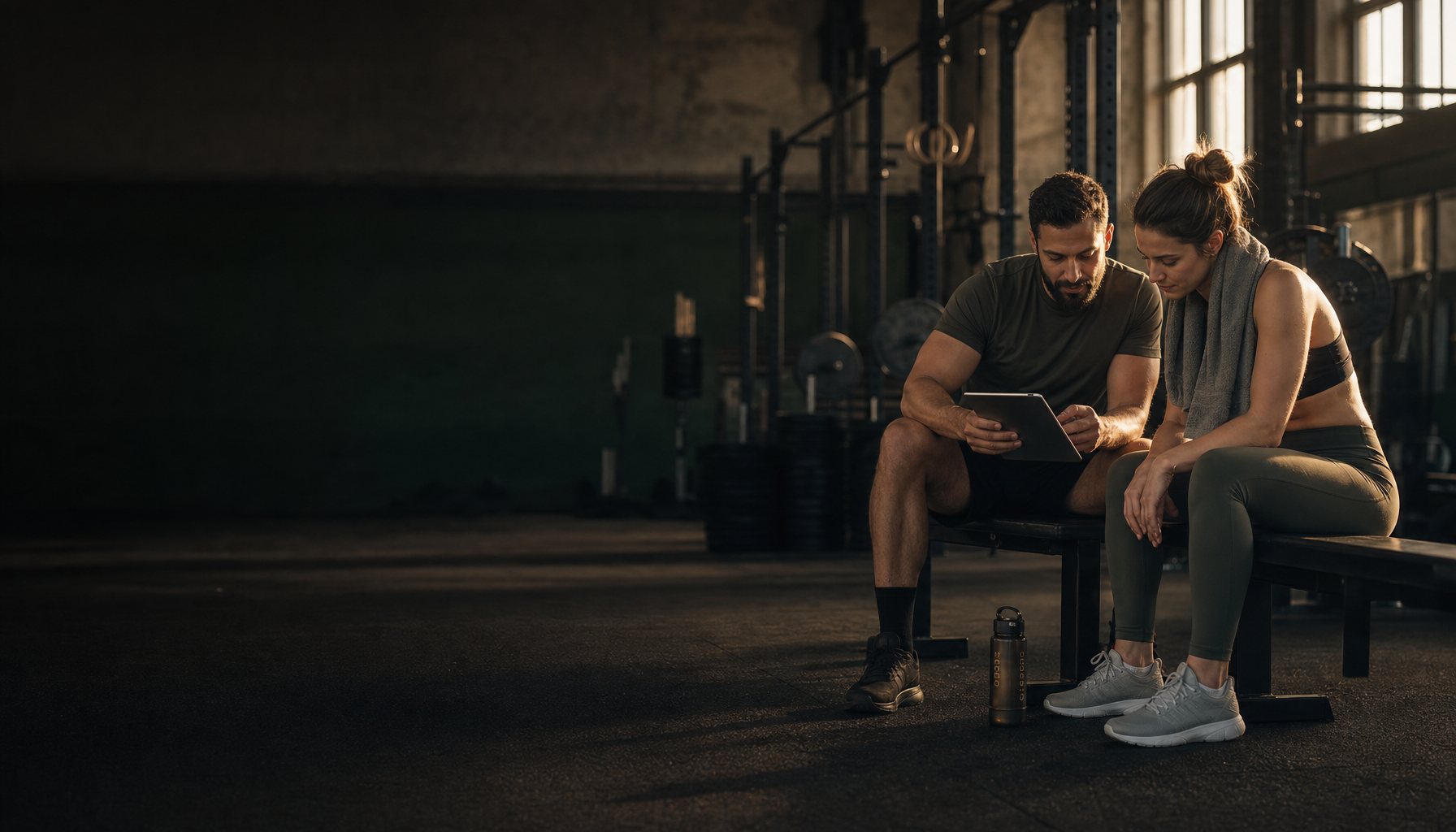 A coach and client reviewing a training program together between sets